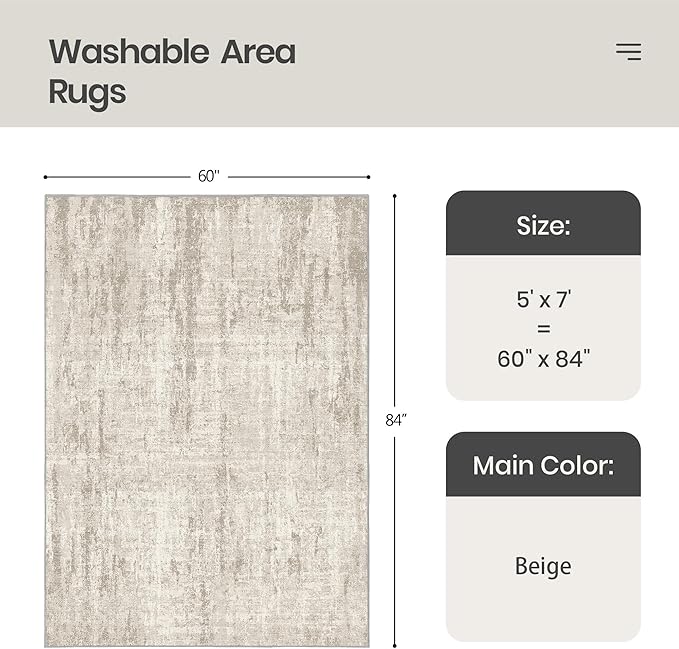 Valenrug Washable Rug 5x7 - Stain Resistant 5x7 Area Rugs for Living Room, Non Slip Backing Printed Rugs for Bedroom, Folable Machine Washable Area Rug(Beige,5'x7')