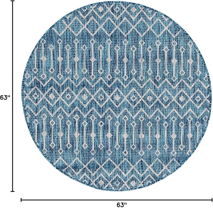 Unique Loom Outdoor Trellis Collection Area Rug - Tribal Trellis (5' 3" Round, Teal/ Ivory)