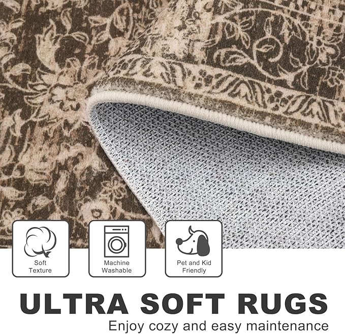 KILOCOCO Area Rug 3x5 Entryway Rug Washable Printed Vintage Floral Rubber Backed Non Slip Indoor Kitchen Rugs for Living Room Laundry Room Playroom Mudroom Moroccan Area Rugs, Rust Red