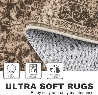 KILOCOCO Area Rug 3x5 Entryway Rug Washable Printed Vintage Floral Rubber Backed Non Slip Indoor Kitchen Rugs for Living Room Laundry Room Playroom Mudroom Moroccan Area Rugs, Rust Red