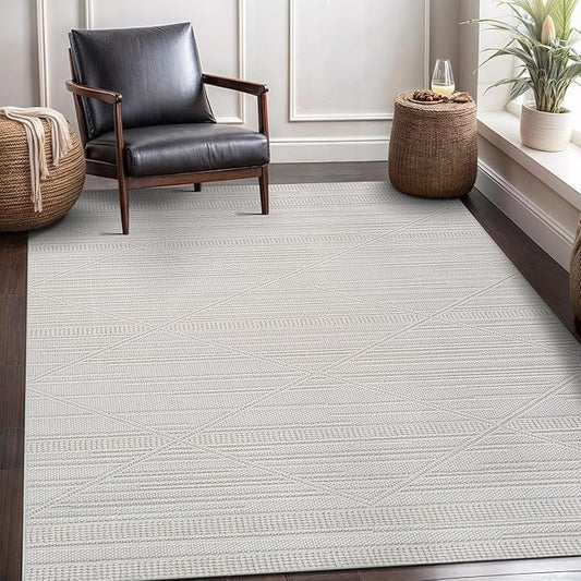 CAMILSON Micro Loop Rug 6x9 Modern Luxury Geometric Pattern Area Rugs Soft High and Low Pile Stain Resistant Easy-Cleaning Non-Shedding for Living Room Office Indoor Carpet (6 x 9 / White)