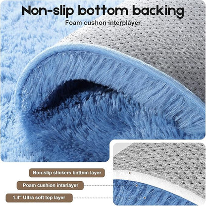 2x3 Blue Rugs for Bedroom Living Room, Fluffy Small Area Rug Soft Shag Carpet for Kids Boys and Girls Room with 4 Rugs Non-Slip Stickers Dorm Home Decor (2ft x 3ft)