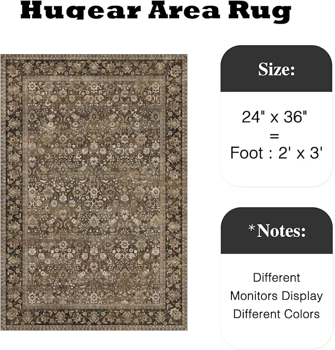 HUGEAR 2x3 Small Rug Machine Washable Area Rug Brown Entryway Rugs Entrance Door Mat Indoor Accent Rugs Floral Low Pile Carpet Distressed Throw Rug Kitchen Bedroom Office Non Slip