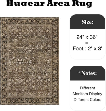 HUGEAR 2x3 Small Rug Machine Washable Area Rug Brown Entryway Rugs Entrance Door Mat Indoor Accent Rugs Floral Low Pile Carpet Distressed Throw Rug Kitchen Bedroom Office Non Slip