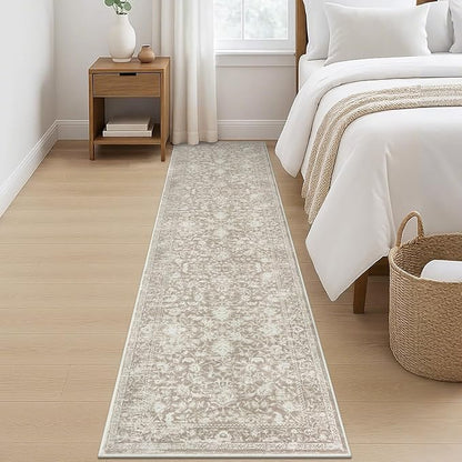 KILOCOCO Hallway Runner 2x8 Rug Runner Printed Vintage Floral Washable Kitchen Runners Non-Slip Rubber Backed Runners for Hallways Laundry Room Distressed Boho Rugs for Entryway Bedroom, Beige