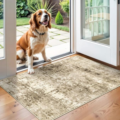 2x3 Machine Washable Area Rug for Entryway, Brown Modern Vintage Abstract Rug Non-Slip Low Pile Soft Faux Wool Small Carpet, Kids and Pets Friendly for Bedroom Kitchen Hallway Home Decor Rug