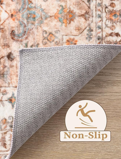 SERISSA Boho Washable Runner Rug, 2'6"x10' Long Non-Slip Vintage Peach Cream Hallway Kitchen Stair Runner Rug Ultra Soft Print Distressed Floor Carpet for Bedroom Bathroom Laundry Room