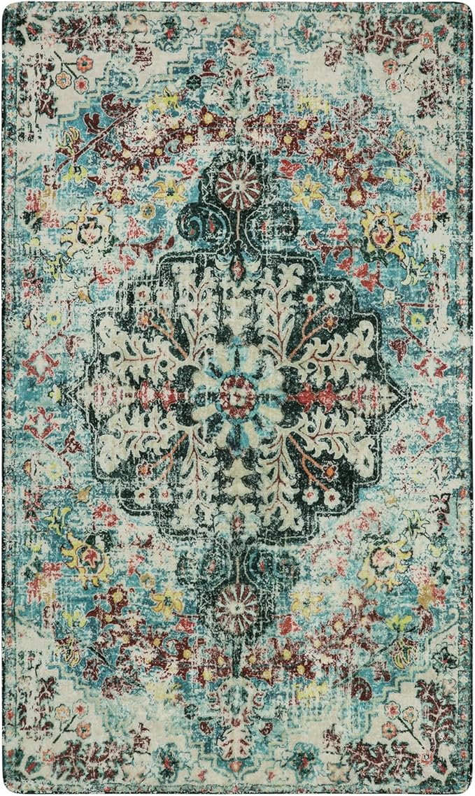 Lahome Boho Bohemian Area Rug - 2x3 Small Washable Bathroom Entryway Kitchen Rug,Floral Medallion Non Slip Pet Friendly Vintage Throw Carpet for Indoor Front Door Sink Living Room Bedroom,Teal