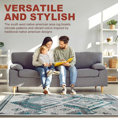 YHSF South West Native American Rug Ritz – Native Tribal American Indian Inspired Rug - Living Room, Bedroom, Hallway, Entryway & High-Traffic Area Rugs - Washable - Soft - Steel, 2 Feet x 7 Feet
