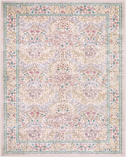 Lahome Floral Washable Rugs 8x10, Soft 8x10 Area Rugs for Living Room Bedroom, Boho Non-Slip Pink Forest Design Large Throw Carpet for Farmhouse Dining Room Office, Pink