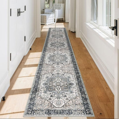 KOZYFLY Runners for Hallways 2x12 Ft Extra Long Washable Kitchen Runner Rug Boho Entryway Rug for Hallways Indoor Printed Faux Wool Stair Runner Carpet for Stairs Kitchen Hall, Black/Taupe/Beige