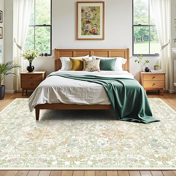 Washable Sage Green Living Room Area Rug 6x9, Boho Botanical Area Rug for Bedroom, Kitchen Table, Nursery, Home Office - Low Pile Non-Slip Vintage Carpet - Soft Farmhouse Accent Mat