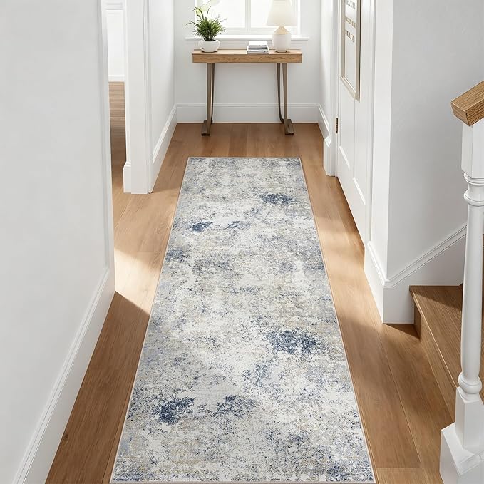 2.6'x8' Hallway Runner Washable Rug - Modern Abstract Rug Runners for Hallways Non-Slip Low Pile Thin Soft Machine Washable Carpet for Bedroom, Laundry, Kitchen, Indoor Entryway (2.6'x8' Beige Blue)