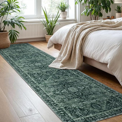 KOZYFLY Runners for Hallways 2x8 Ft Washable Kitchen Runner Rug Boho Entry Rug for Hallways Indoor Printed Faux Wool Long Floor Carpet for Entryway Bedroom Kitchen Hallway, Dark Green