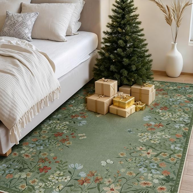 Wonnitar Washable Area Rug 4x6, Green Floral Rugs for Living Room, Non-Slip Large Kitchen Throw Mat, Low-Pile Indoor Botanical Floor Carpet for Girls Bedroom Laundry Entrance (Green,4'x6')