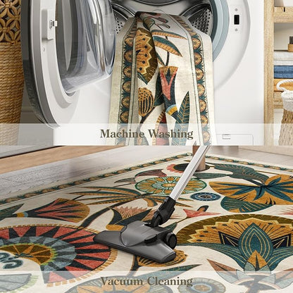 Washable Kitchen Runner Rug, Floral 2x6 Rug Runners for Hallways, Washbale Non Slip Beige Rugs, Soft Low Pile Carpet for Bedroom Entryway Laundry Room