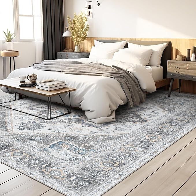 Bavni Area Rug 5x7 for Living Room Bedroom Dining Room, Boho Tribal Machine Washable Rug Print Vintage Aesthetic Gray Carpet, Floor Cover, Low Pile Lightweight Non Slip