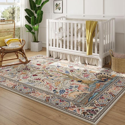 Rugcomf Area Rugs 5x7 Vibrant Tree of Life-Patterned Vintage Washable Area Rug Non Slip Low Pile Large Rugs for Living Room Bedroom Farmhouse Dining Room Kids Playroom, Beige