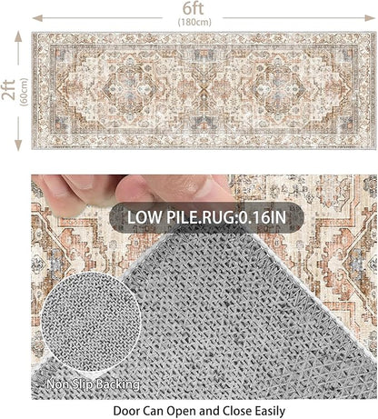 Enkor Runner Rugs for Hallway, 2x6 Washable Soft Non Slip Floor Rugs for Kitchen, Modern Mat for Living Room Bedroom Entryway Beige & Brown