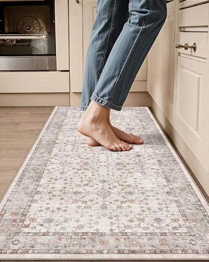 LUMI Washable Kitchen Rug, 23x59 Non-Slip Indoor Hallway Runner, Soft Low Pile Vintage Distressed Area Rugs for Laundry, Bedroom, Beige