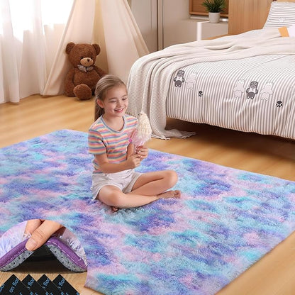 4x6 Rugs for Bedroom, Fluffy Small Area Rugs for Living Room, Soft Shag Fuzzy Carpet with 4 Non-Slip Stickers for Kids Boys and Girls Nursery Dorm Room Home Decor (Rainbow, 4ft x 6ft)