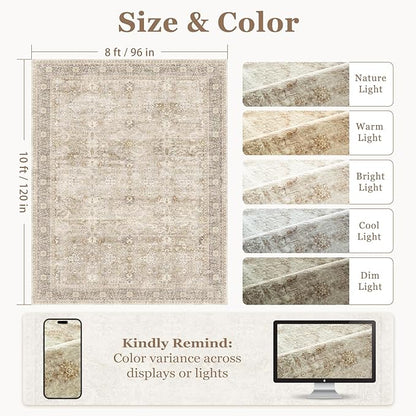 Vintage Beige 8x10 Area Rugs for Living Room, Retro Neutral Earth Tone Carpet Rug for Bedroom Dining Room, Low Pile Thin Washable Non Slip Room Rug for Home Office Playroom Family Room