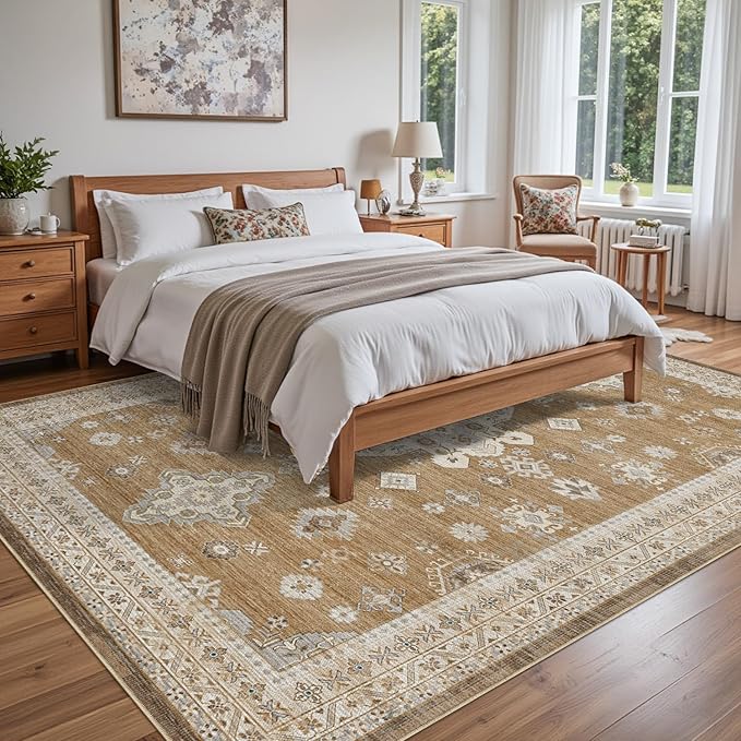 DEXI 10x14 Area Rug for Living Room, Washable Vintage Farmhouse Thin Rug Indoor Floor, Non Slip Stain Resistant Low Pile Carpet for Dining Room Bedroom Office, Light Brown