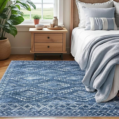 KILOCOCO Area Rug 4'x6' Entryway Rug Washable Bedroom Rugs Non Slip Printed Boho Low-Pile Rubber Backed Blue Soft Rugs for Kitchen Living Room Dining Geometric Moroccan Carpet, Stonewashed Blue
