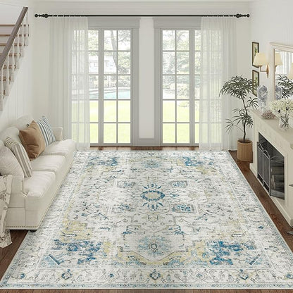 jinchan Area Rug 8x10 Washable Living Room Rug Vintage Indoor Large Floor Cover Distressed Lightweight Non-Slip Low Pile Thin Mat Stain Resistant Carpet for Bedroom Dining Room Office Light Blue