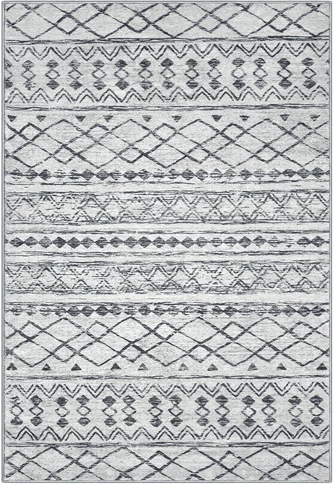 KUTA Bedroom Boho Rug 4x6 Grey, Moroccan Washable Area Rugs Non Slip, Ultra Soft Print Distressed Geometric Low-Pile Entry Throw Carpet for Bedroom Nursery Dorm Kitchen Decor
