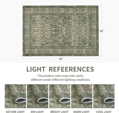 Vintage Washable Area Rug for Living Room,Low Pile 8x10 Non Slip Carpet Non-Shedding Area Rug Soft Indoor Stain Resistant Rug Floral Print Mat for Bedroom Dining Room Green