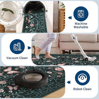 GarveeHome 3x5 Small Area Rug for Bedroom Floral Washable Rugs Non Slip Stain Resistant Living Room Throw Carpet Low Pile Dining Room Black Area Rug Butterfly Bow Rugs for Nursery Home Decor, 3x5