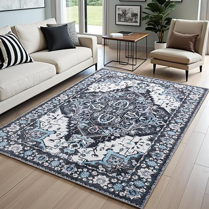 Area Rug for Living Room, 6x9 Machine Washable Non Slip Large Faux Wool Throw Rug, 0.3″ Low Pile & Non-Shedding Boho Large Carpet Rugs for for Dining Room, Bedroom, Office (Black)