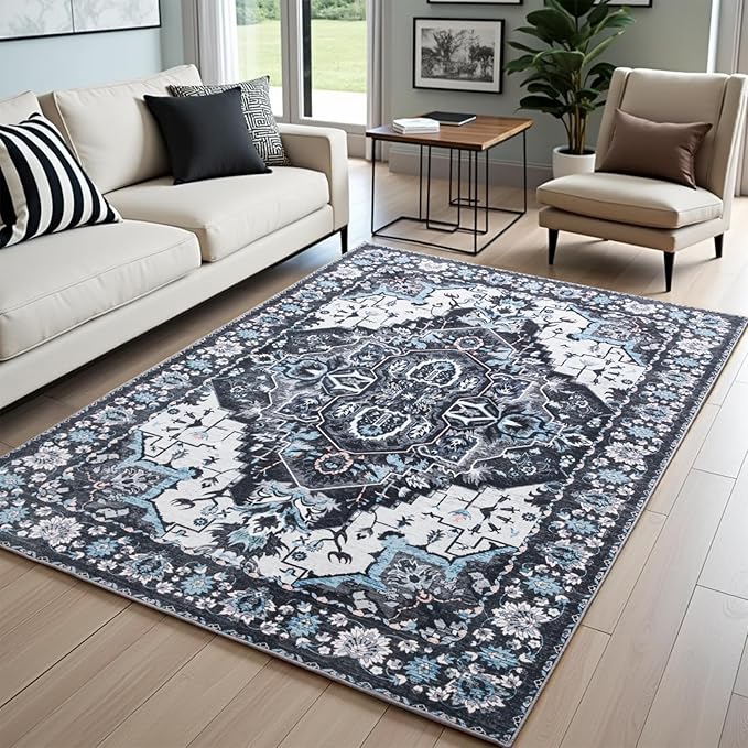 5x7 Washable Rug – Boho Non-Slip Indoor Area Rug for Living Room, Bedroom, Dining Room, Entryway – Black and Ivory with Ice Blue Accents