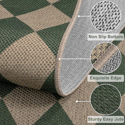 Easy Jute Checkered Entryway Rug, 2x3 Green Modern Indoor Outdoor Doormat, Washable Non-Slip Neutral Small Kitchen Rug Farmhouse Diamond Throw Rugs for Entrance Bedroom Bathroom