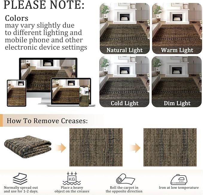 4x6 Machine Washable Area Rug for Living Room, Brown Black Vintage Moroccan Rug Large Non-Slip Low Pile Soft Faux Wool Carpet, Kids and Pets Friendly for Bedroom Dining Room Farmhouse Home Decor Rug