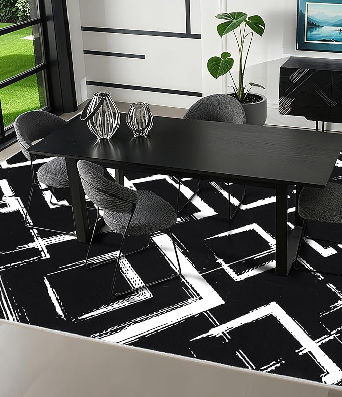 YIHOUSE Black Modern Geometric Area Rug 5x7, Black and White Rug with Abstract Diamond Patterns,Non-Shedding Washable Rugs for Bedroom, Home Office and Small Living Room