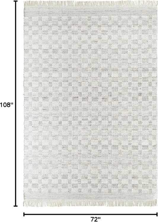 Mark&Day Wool Rugs, 6x9 Clinten Solid and Border Light Gray Checkered Rug, Grey Ivory Carpet for Living Room, Bedroom or Kitchen (6' x 9')