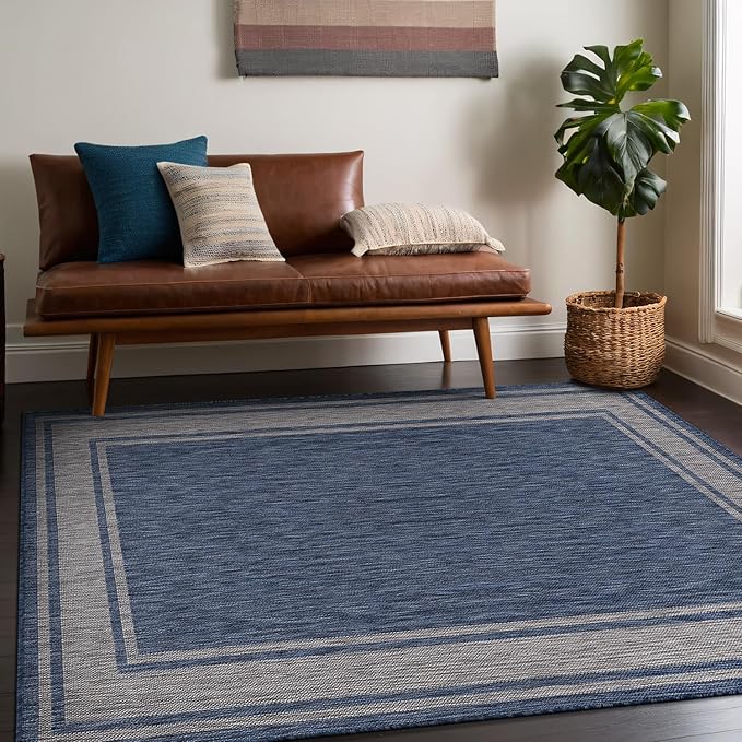 Beverly Rug Outdoor Rug 5x7 Modern Bordered Area Rugs for Indoor and Outdoor Patio Deck Porch Garden Waterproof Weather Sun Resistant Washable Outside Carpet (5 x 7 Navy)