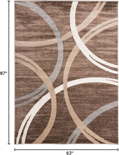 Rugshop Modern Wavy Circles Design Area Rug, Fade-Resistant Carpet for Living Room, Bedroom, or Office, Brown, 5'3" x 7'3"