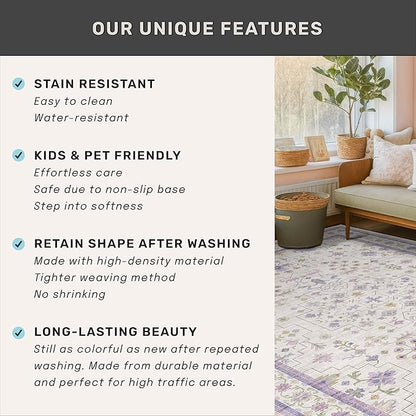 6x9 Lavender Rug for Bedroom, Kids Playroom, Non Slip Large Washable Living Room Area Rug, Low Pile Stain Resistant Foldable Boho Fairy Décor