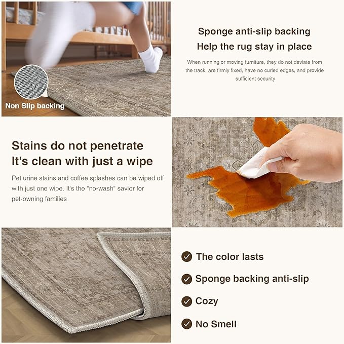 HUGEAR Washable 6x9 Area Rugs Retro Brown Living Room Bedroom Rug Vintage Distressed Non Slip Stain Resistant Low Pile Neutral Throw Carpet for Home Decor
