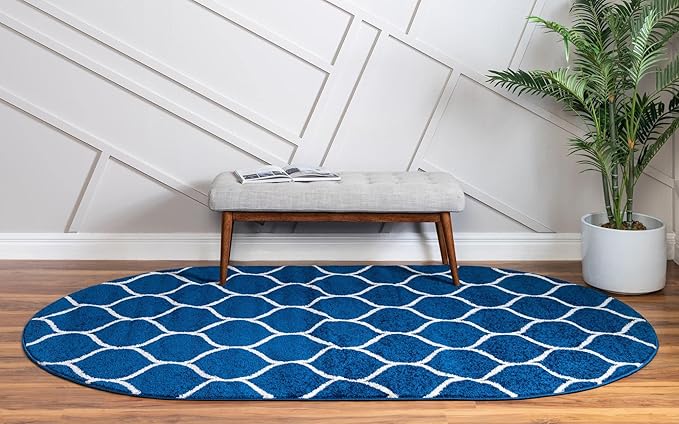 Rugs.com Lattice Frieze Collection Rug – 3' 3 x 5' 3 Oval Navy Blue Medium Rug Perfect for Living Rooms, Large Dining Rooms, Open Floorplans