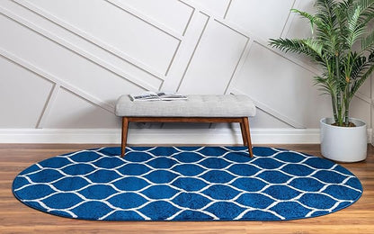 Rugs.com Lattice Frieze Collection Rug – 3' 3 x 5' 3 Oval Navy Blue Medium Rug Perfect for Living Rooms, Large Dining Rooms, Open Floorplans