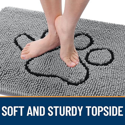 OLANLY Dog Door Mat for Muddy Paws 59x24, Paw Print Design, Absorbs Moisture and Dirt, Absorbent Non-Slip Washable Doormat, Quick Dry Chenille Mud Mat for Dogs, Entry Indoor Entryway Carpet, Grey