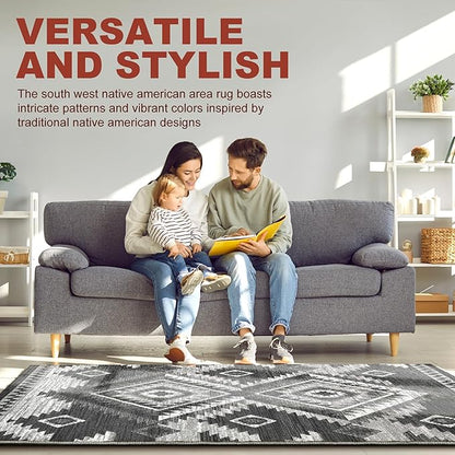 YHSF South West Native American Rug Ritz – Native Tribal American Indian Inspired Rug - Living Room, Bedroom, Hallway, Entryway & High-Traffic Area Rugs - Washable - Soft - Dark Grey, 8 Feet x 10 Feet
