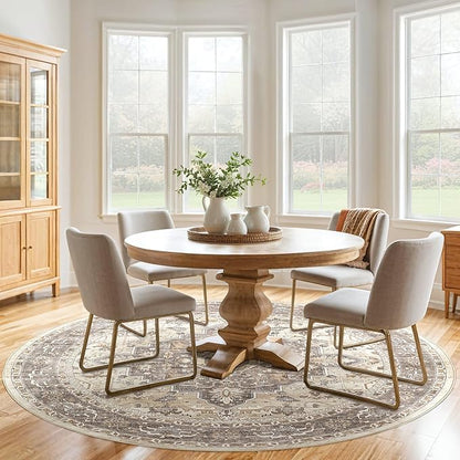 Round Rug Living Room Rugs: 7x7 Washable Boho Neutral Large Circle Soft Indoor Floral Stain Resistant Floor Farmhouse Carpet for Bedroom Nursery Kids Playroom Office Dining Room Dorm Home- Beige Brown