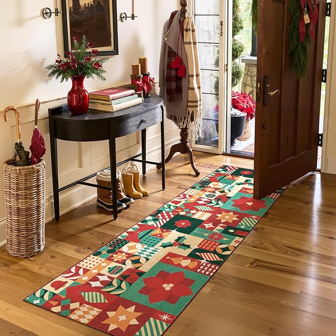 jinchan Christmas Runner Rug 2x6 for Entryway Washable Christmas Kitchen Rug Xmas Geometric Floor Mat for Hallway Non-Slip Soft Carpet Festive Red-Green Holiday Patch Decor for Bathroom Porch Bedside