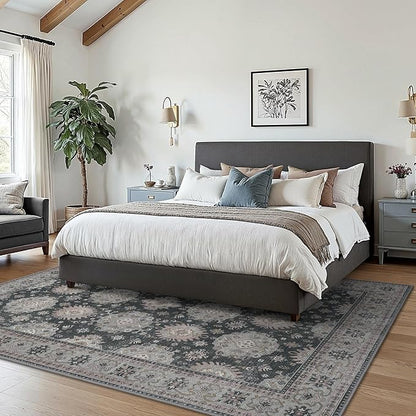 5x7 Area Rug Machine Washable Boho Rug for Living Room,Ultra-Thin Low Pile Carpet,Lightweight Indoor Printed Rug,Non Slip Floral Area Rug for Bedroom, Dining Room, Home Office,Black