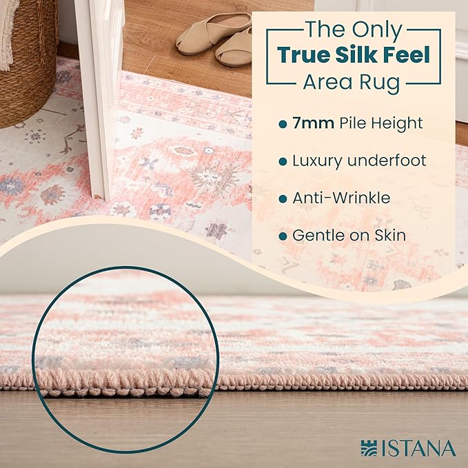 Istana 5x7 Area Rug - Pink Rugs for Living Room 5x7 - Foldable Rugs for Bedroom - Stain Resistant Washable Rug - Eco-Friendly Boho Area Rugs - Easy to Clean Living Room Rug